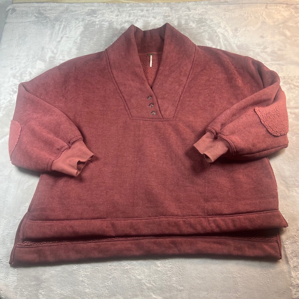 Free People Women XL Pullover Burgundy Corduroy Sherpa Lined Collar Sweatshirt - Picture 2 of 9